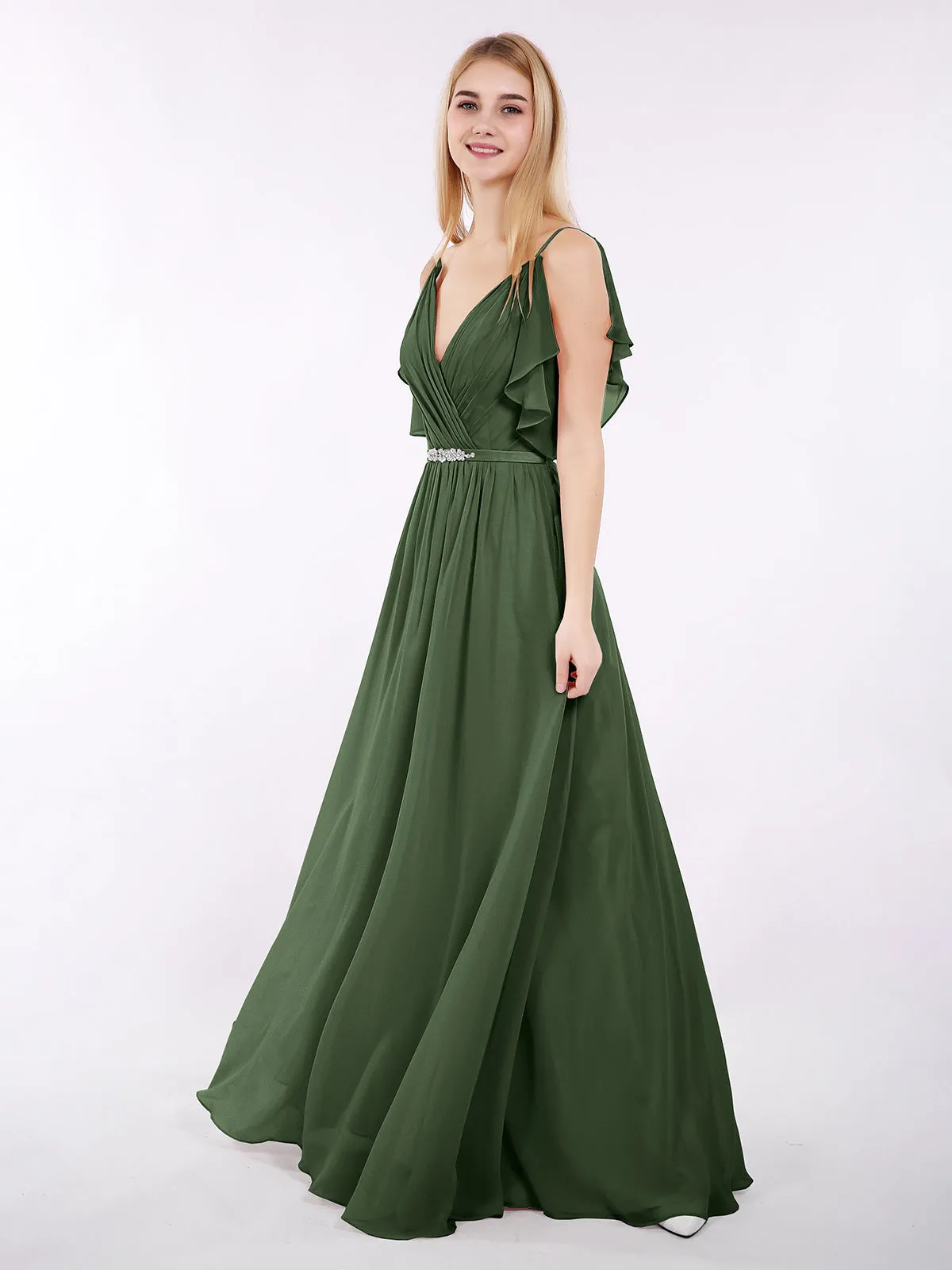 Bretelle Spaghetti Mousseline Robe avec Col en V Olive Verte Grande Taille