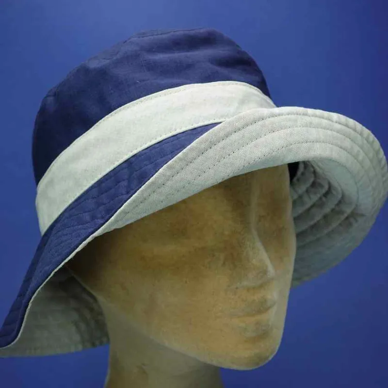 Chapeau de plage en lin et coton marine et beige | Chapeau été femme