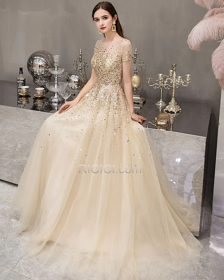 Chic Brillante Empire Tulle Dorée Robe De Bal Paillette Longue
