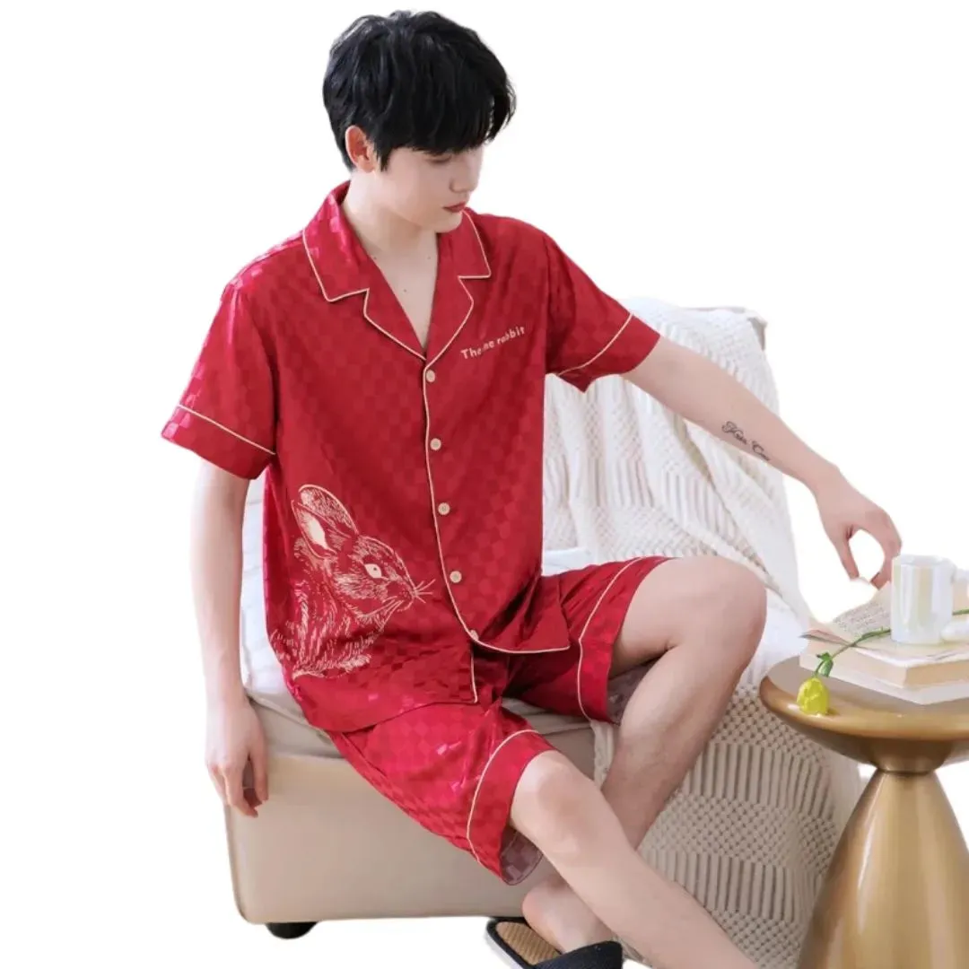 Ensemble de Pyjamas d'té pour Couples - Motif Dessin Animé en Soie