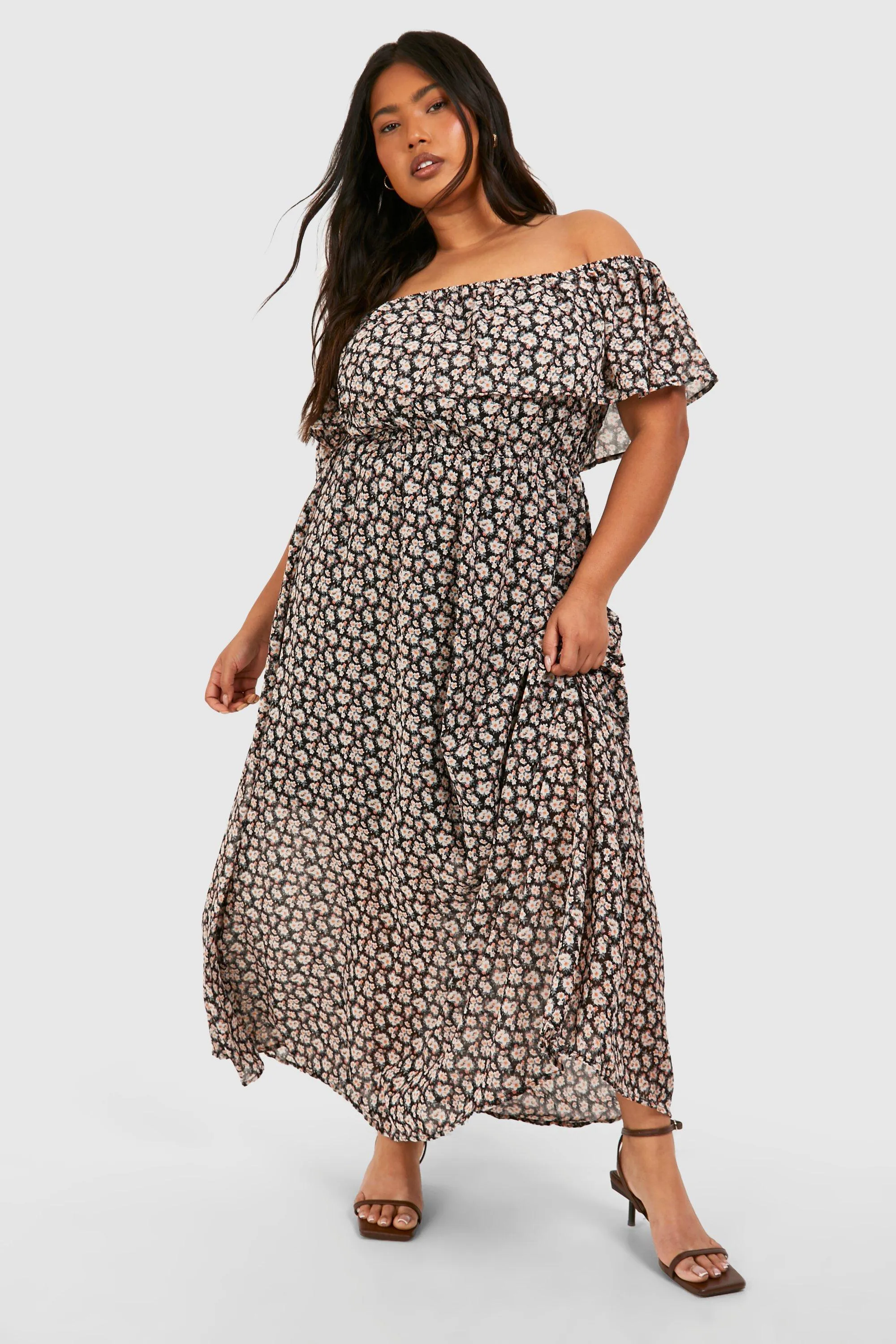 Grande taille - Robe longue volantée à col bateau et imprimé fleuri