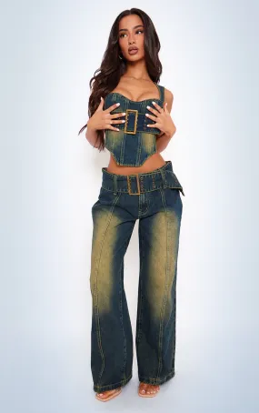 Petite Jean droit indigo vintage délavé à détail boucle