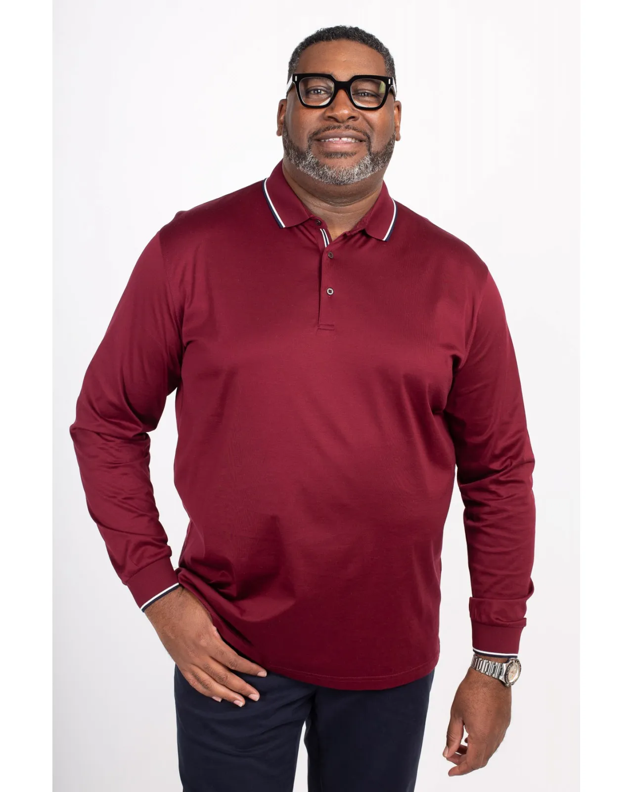 Polo mercerisé manches longues Maneven grande taille bordeaux - Size-factory