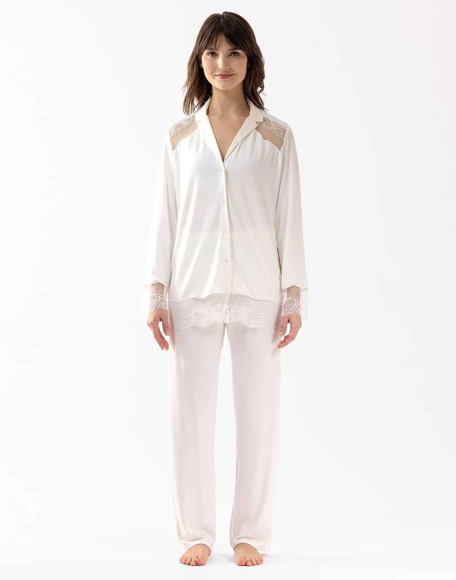 Pyjama boutonné en jersey et dentelle écru VIVIENNE 606 écru