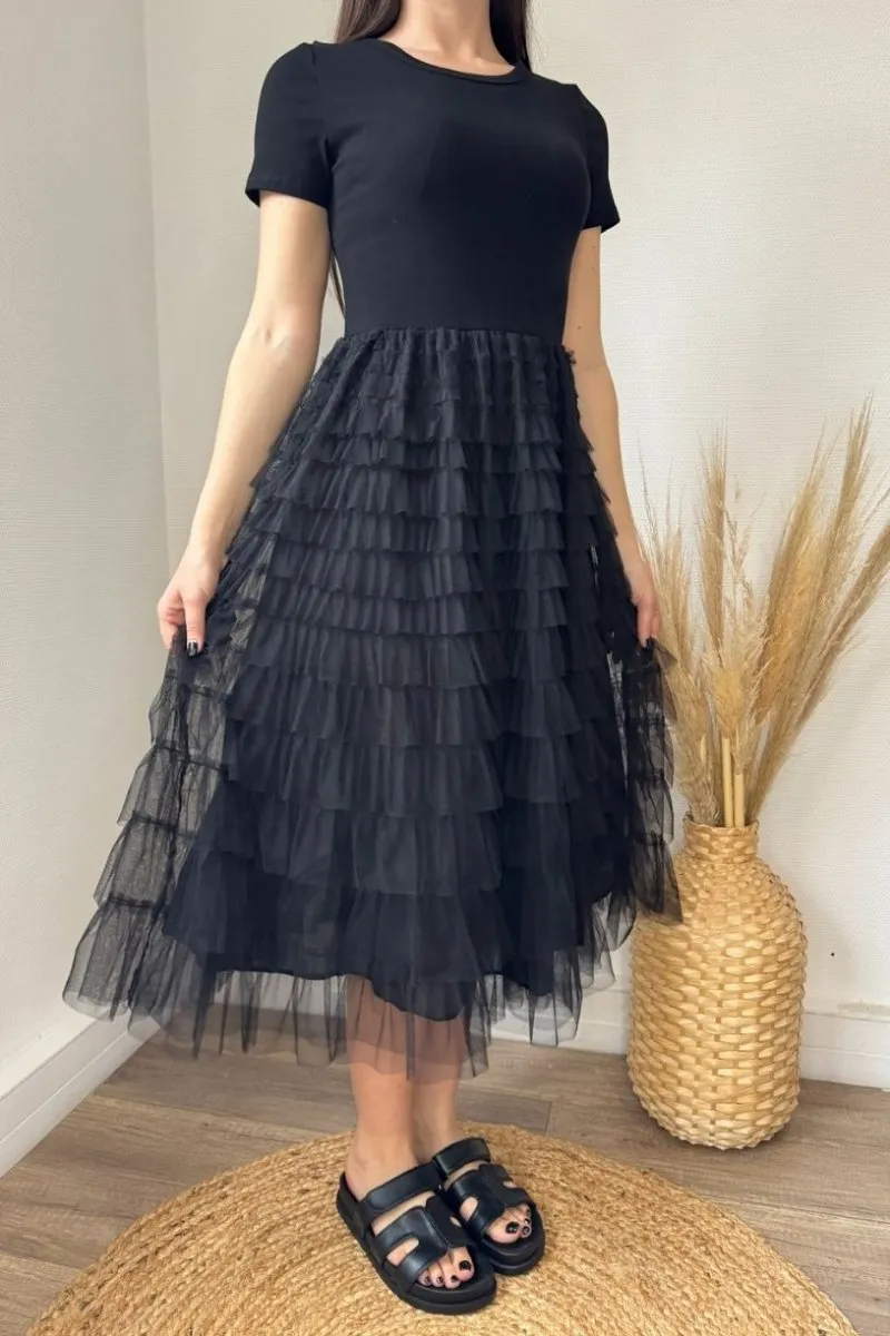 Robe bi-matière en tulle à volants noir
