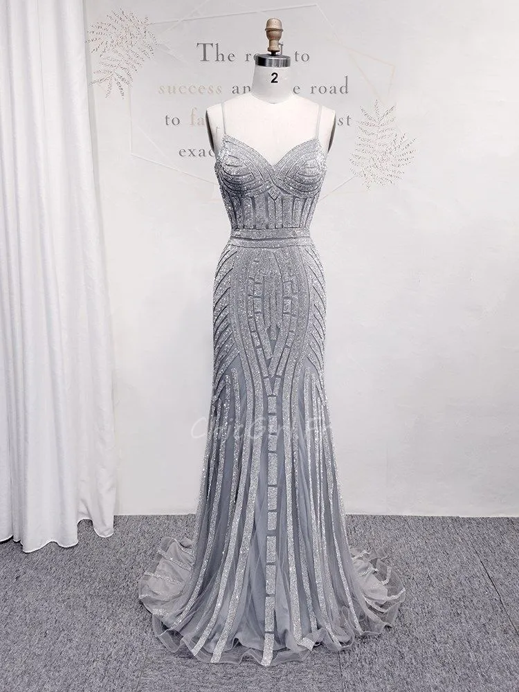 Robe De Soirée Sirène Tulle Strass Argentée Avec Fine Bretelle