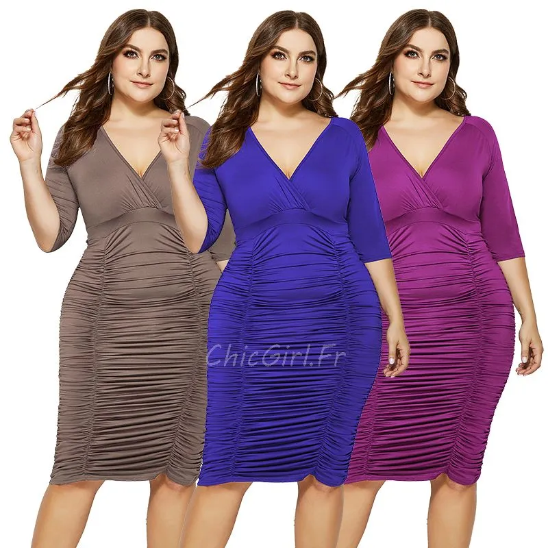 Robe Fourreau Grande Taille Courte Noire Plissée Col V Manche