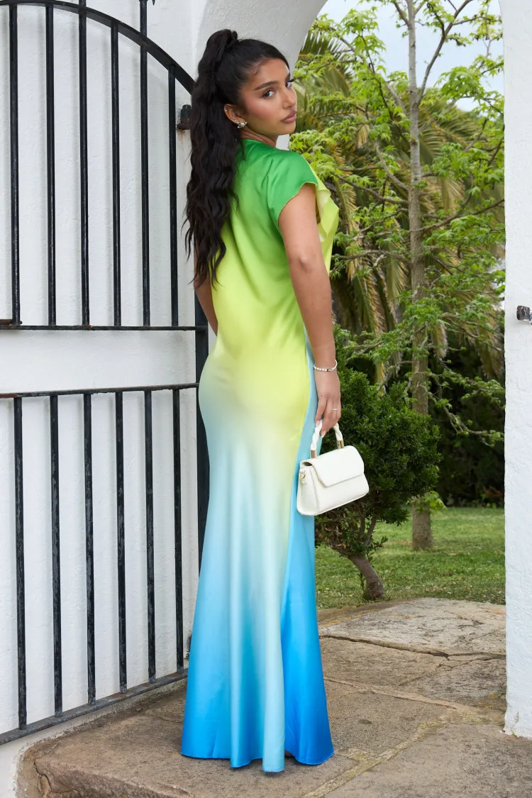 Robe verte longue satinée dégradé
