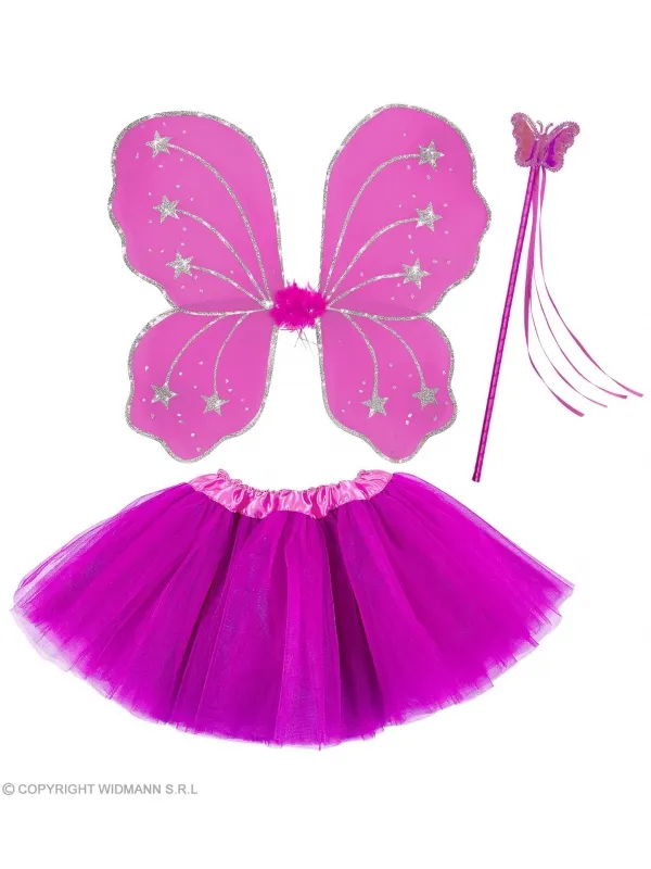 Set de Fée magique, fille Fushia (tutu, ailes, baguette magique)