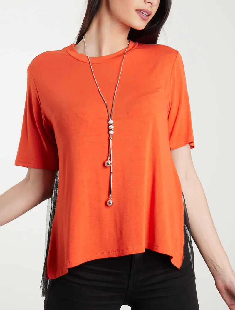 T-shirt fluide à dos en tulle - orange