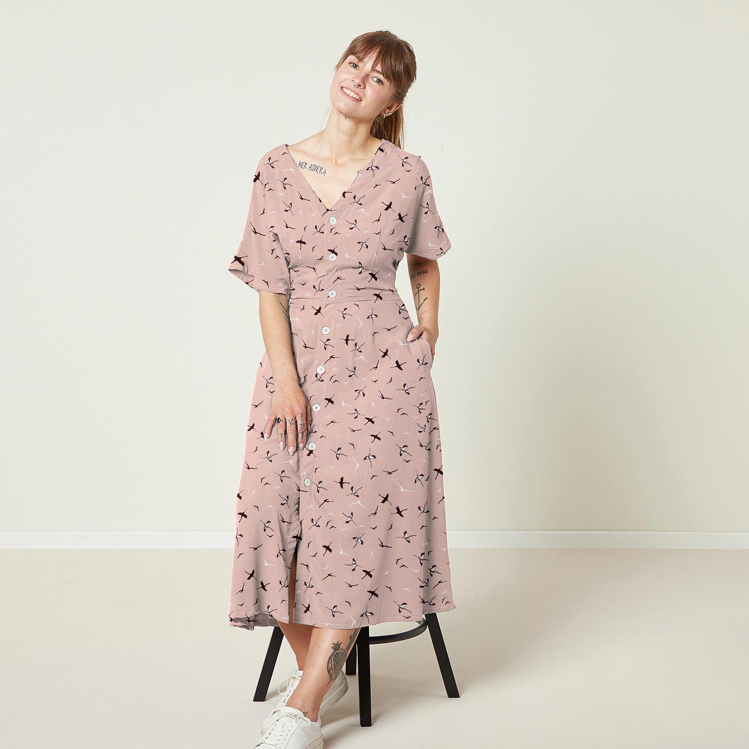 Tissu en bambou Grues – vieux rose clair