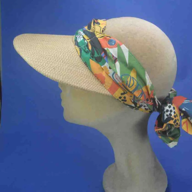 Visière avec foulard en paille et coton | Chapeau d'été pour femme